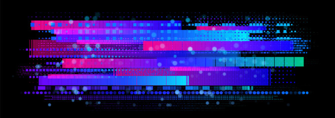 Fototapeta premium Wide glitch banner with purple and blue pixelated cross lines forming a dynamic digital background for banners web pages and presentations highlighting vibrant gaming aesthetics and futuristic design