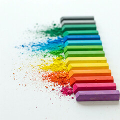 arranged chalks in rainbow colors on a white background with pieces loose