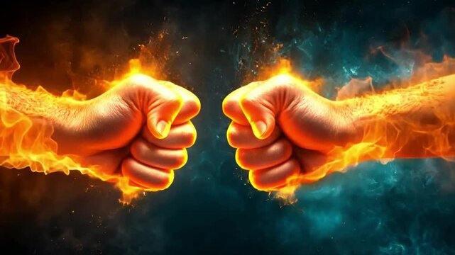 Fiery Confrontation: A dynamic composition featuring two clenched fists engulfed in flames, symbolizing conflict and aggression, set against a backdrop of opposing forces.
