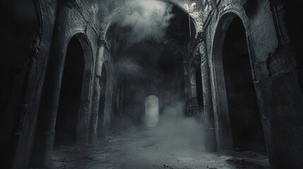 light filtering through dusty staircase in ancient structure creates a mystical atmosphere in a forgotten place