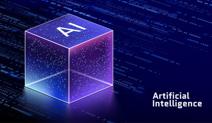 Artificial Intelligence Server Big Data Machine Learning Algorithms 3D Cube Isometric Icon Data Storage Computational Processes AI Optimization Digital Technology Information System Efficiency