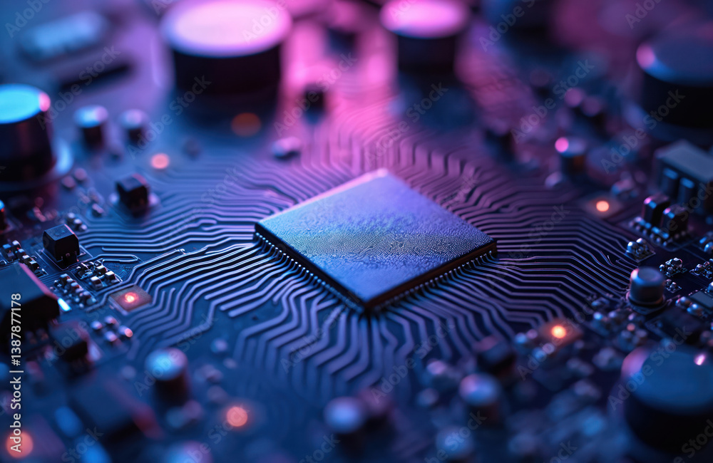 Aufkleber Macro shot of computer mainboard with electronic components. Blue and purple toned background. Circuit board detail of a central processing unit. Tech concept for data processing and computer science.
