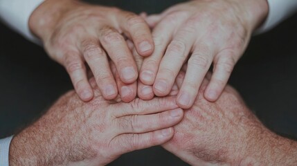 Fototapeta premium Hands joined in unity, a symbol of teamwork and collaboration. A close-up view of several hands clasped together, demonstrating a powerful sense of collective effort