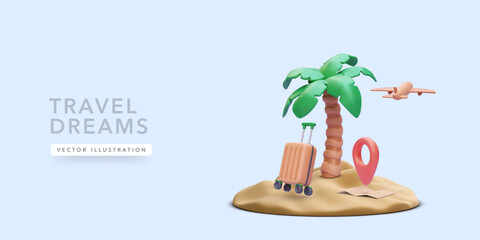 Travel, Vacation and Summer Concept Featuring 3D Palm Tree, Suitcase, Map Pin and Airplane on Island. Perfect for Tourism and Beach Getaway Themes. Vector Illustration.