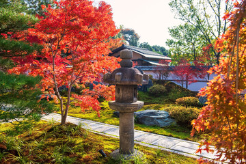 Lantern post with fall colorful maple leaves at Kenninji temple, Kyoto