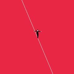 Isometric businessman tightrope walker is on the rope. Teetering on the cable. Business challenge and risk concept. Simple minimal design. Trendy style graphic. Flat vector illustration.