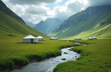 Scenic view Assy plateau in summer. Green hills, mountain river flows between. White yurts on grass. Kazakhstan nature landscape offers beauty, peace. Ideal for travel, tour. Stunning alpine views.