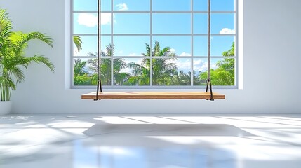 Minimalist Mockup of a Wooden Swing Hanging in a Bright Window with Gradient Shadows