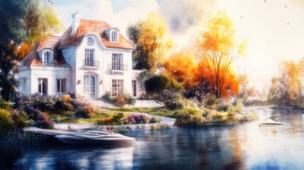 Fototapeta premium Coastal Town Bay with Boats, Detailed Houses, Soft Lighting, Sepiatone Oil Painting Aesthetic - Chaos 15