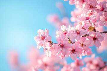 Naklejka premium soft pink cherry blossoms against blue sky,
