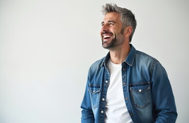 Happy, smiling caucasian man in casual denim shirt isolated on white background. Adult male with gray hair, beard laughs, looking up. Joyful person with positive emotions, good mood and confidence.