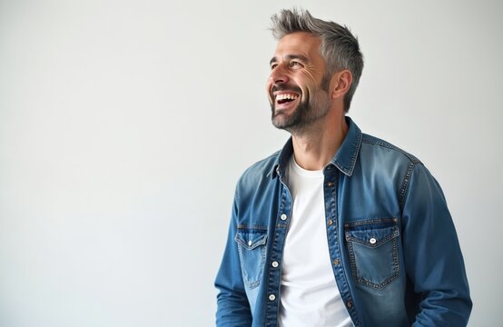 Happy, smiling caucasian man in casual denim shirt isolated on white background. Adult male with gray hair, beard laughs, looking up. Joyful person with positive emotions, good mood and confidence.