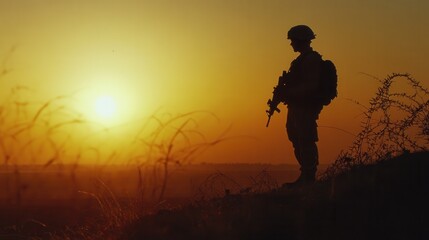 an American soldier on patrol in a desert environment, likely in the Middle East.