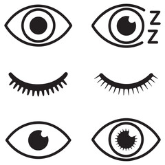 Outline eye icons. Open and closed eyes images, sleeping eye shapes with eyelash, vector supervision and searching signs. with white background