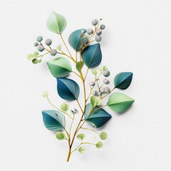 Delicate Paper Leaves and Berries Arrangement on White Background