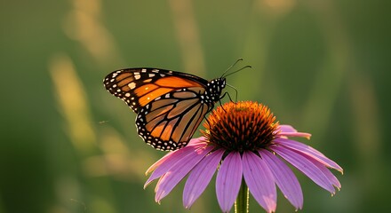 Fototapeta premium Monarch Butterfly Pollinating a Purple Coneflower in a Sunlit Meadow