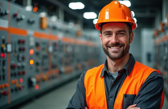 Smiling electrical engineer portrait. Pro man with orange safety vest, helmet, arms crossed in tech facility, electric control panel background. Industry expert, engineering professional, positive