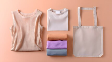 A flatlay of modern neutral toned fashion pieces arranged in a minimalist organized display on a pastel peach backdrop