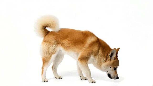 Akita dog standing elegantly with a fluffy tail and alert expression.

