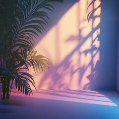 Indoor Plant Casting Leaf Shadows on Wall with Colorful Lighting