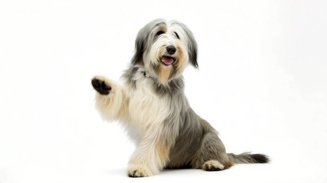Fluffy dog with a playful posture against a white background.


