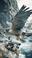 Fototapeta premium Photorealistic image of a peregrine falcon diving for prey cinematic grading 8k resolution proportionate anatomy