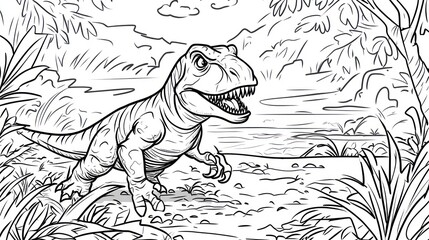 Naklejka premium Prehistoric dinosaur, jungle background, line art illustration, coloring page
