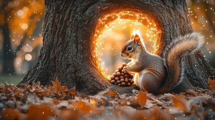 Squirrel with nuts in autumn tree hollow