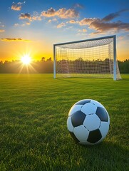 Fototapeta premium Soccer Goal Sunset Field Scene
