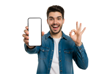 Excited man showing blank smartphone screen with ok gesture for app promotion