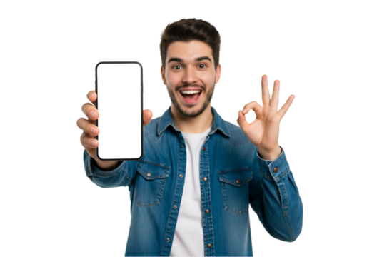 Excited man showing blank smartphone screen with ok gesture for app promotion