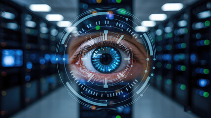 Cyber Eye: A close-up view of a digital eye, embedded with intricate tech elements, peering into a server room with data storage units, capturing concept of tech surveillance and data security. 