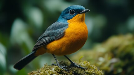 Naklejka premium Vibrant Exotic Bird Perched on Moss in Soft Natural Background with High Resolution Detail