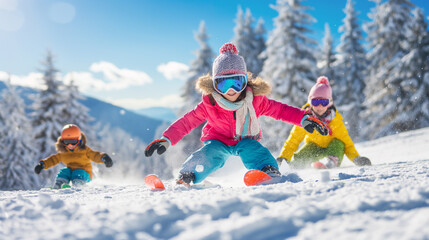 Kids have winter fun sport activities in snowy mountains