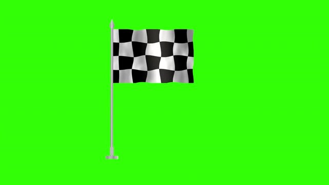 Race flag, Race Pole flag on Green screen, Race flag 3D Animation waving in the wind isolated on Green  Background. 
