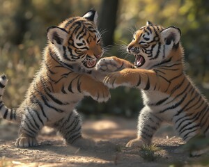 Obraz premium Photorealistic image of a tiger cub playing with its siblings cinematic grading high detail 8k resolution proportionate anatomy
