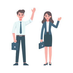 vector businessman and secretary standing waving hands