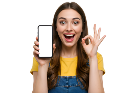 Excited woman showing phone screen and making ok sign on black