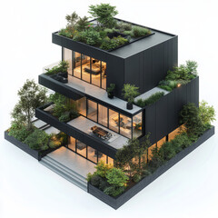 Modern Minimalist Black House with Garden and Rooftop