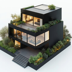 Modern Minimalist Black House with Garden and Rooftop
