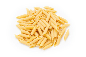 Pennette rigate. Raw pasta on white background. Top view.