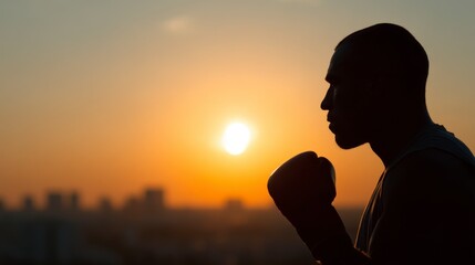 Fototapeta premium Sunset Boxer: A silhouette of a determined boxer, bathed in the warm glow of the setting sun, epitomizes strength and focus, silhouetted against a breathtaking city skyline.