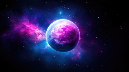 Fototapeta premium Cosmic Planet Nebula Clouds Fantasy Style Vibrant Glowing Center Focus Detailed Surface Celestial Body Exploration Deep Space Neon Pink Blue Sci-fi Wallpaper