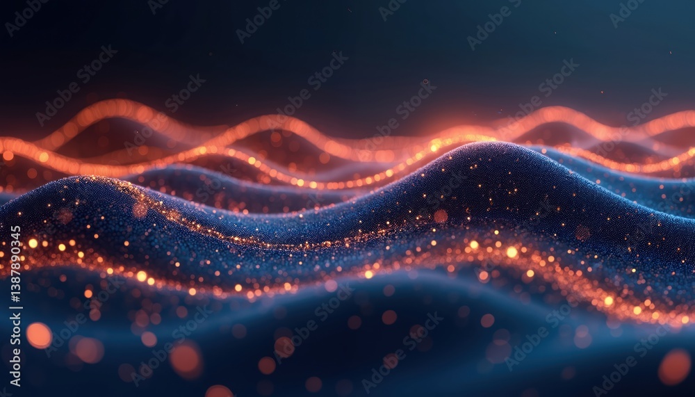 Leinwandbilder abstract digital landscape illustration. glowing orange particles on dark blue background. futuristi