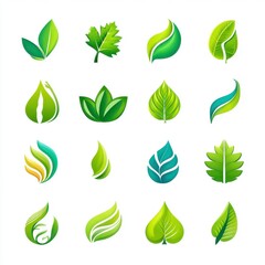 Fototapeta premium Colorful Collection of Fresh Green Leaf Icons on White Background