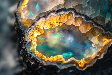 Obraz premium A mesmerizing opal geode displays vibrant iridescent colors and intricate textures, a breathtaking spectacle of nature's artistry.