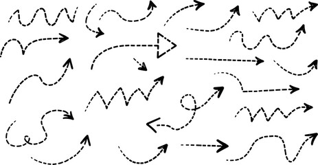 Set curved dotted hand-drawn arrows collection in zigzag style