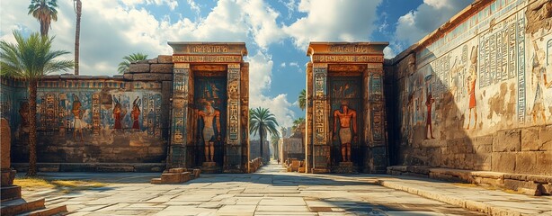 palace walls adorned with hieroglyphics, featuring vibrant colors, crisp details, and a smooth clean background that enhances historical authenticity. 