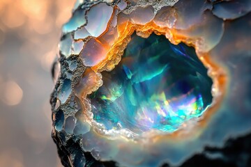 A mesmerizing opal geode reveals vibrant iridescent blues, greens, and oranges, a breathtaking spectacle of nature's artistry.