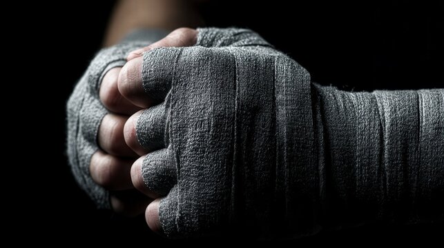 Wrapped and Ready: Focused and formidable, a boxer's hands, meticulously wrapped for a bout, are a symbol of power, dedication, and the grit of combat. the image highlights strength and training.